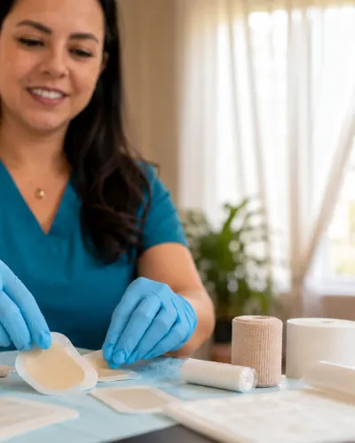 Enf. Alejandra Cardona con uniforme quirúrgico y guantes, sonriendo mientras prepara apósitos y material de curación