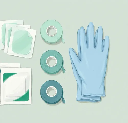 Apósitos estériles, hidrocoloides, cintas y guantes ordenados sobre una superficie clara